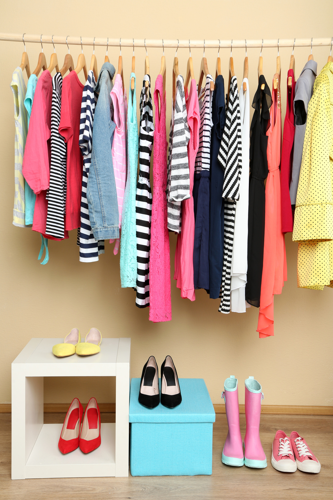 Colorful Clothes and Shoes in Room
